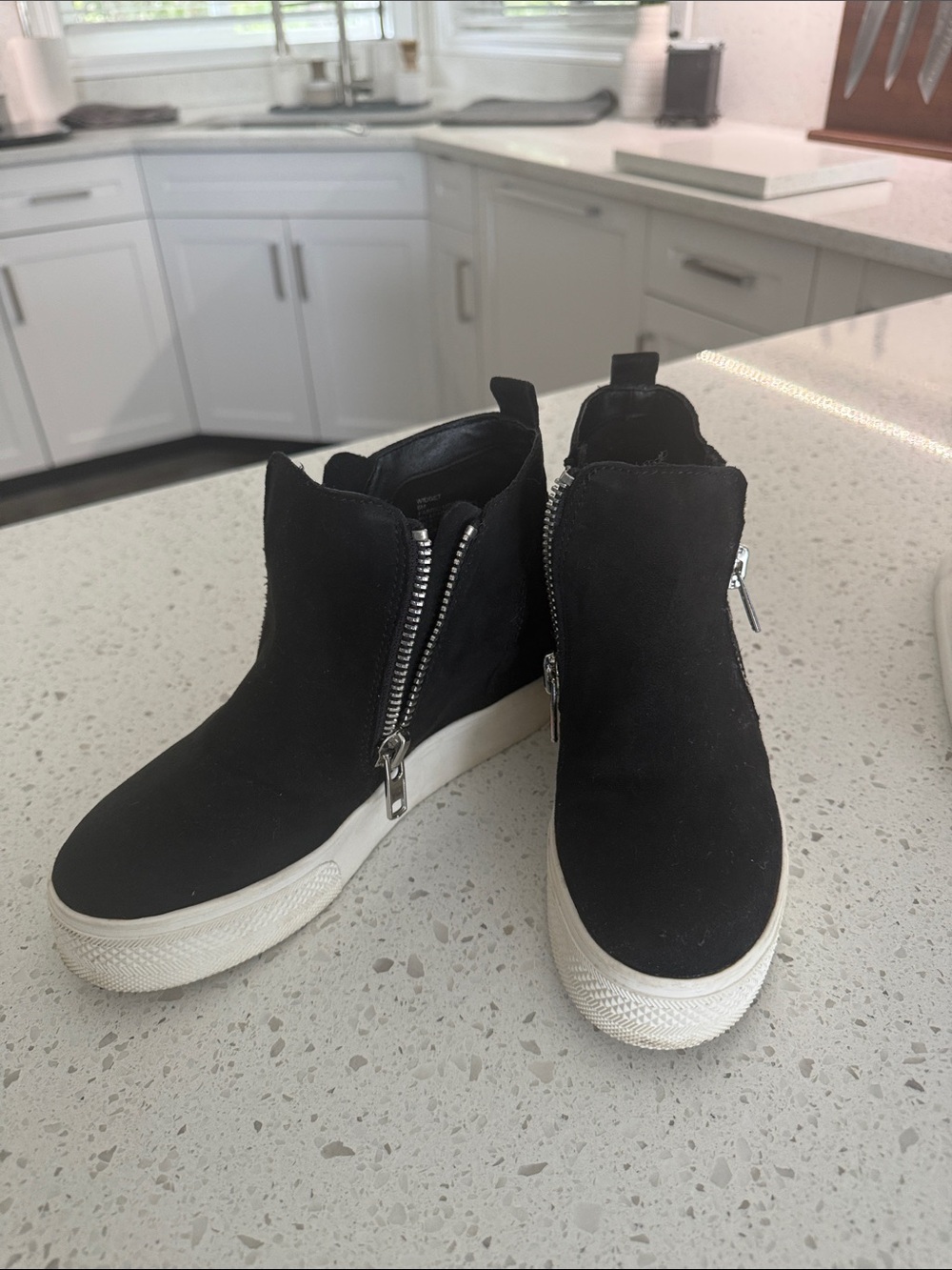 Steve Madden Black Suede Wedge Sneakers with Silver Zippers